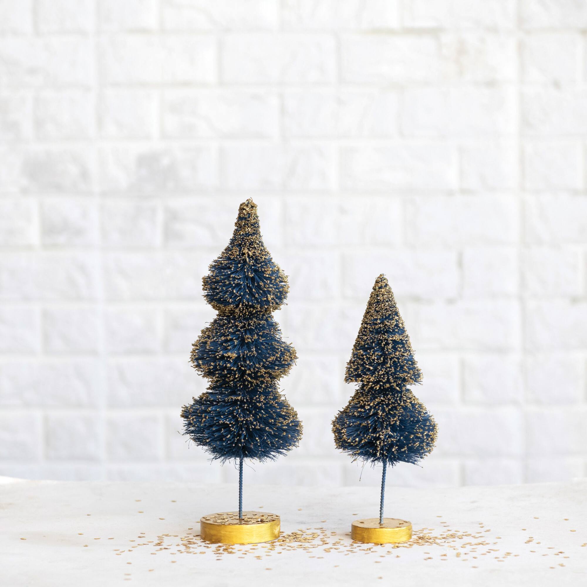 Hello Honey® 11" Blue Sisal Bottle Brush Tree with Gold Glitter & Wood Base
